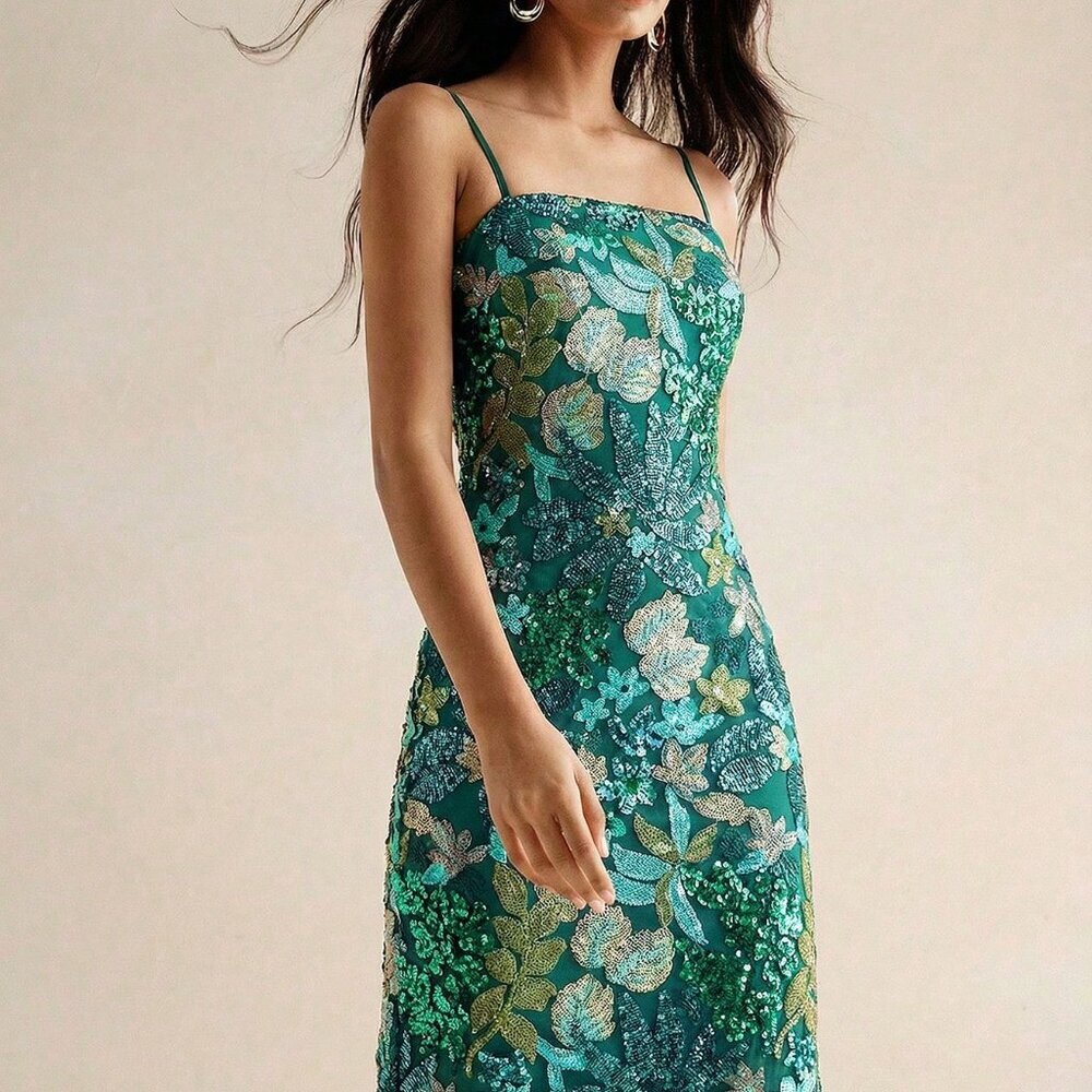 Green Boho Women's Elegant Colorful Printed Beaded Maxi Strapless Dress - Picture 4 of 8